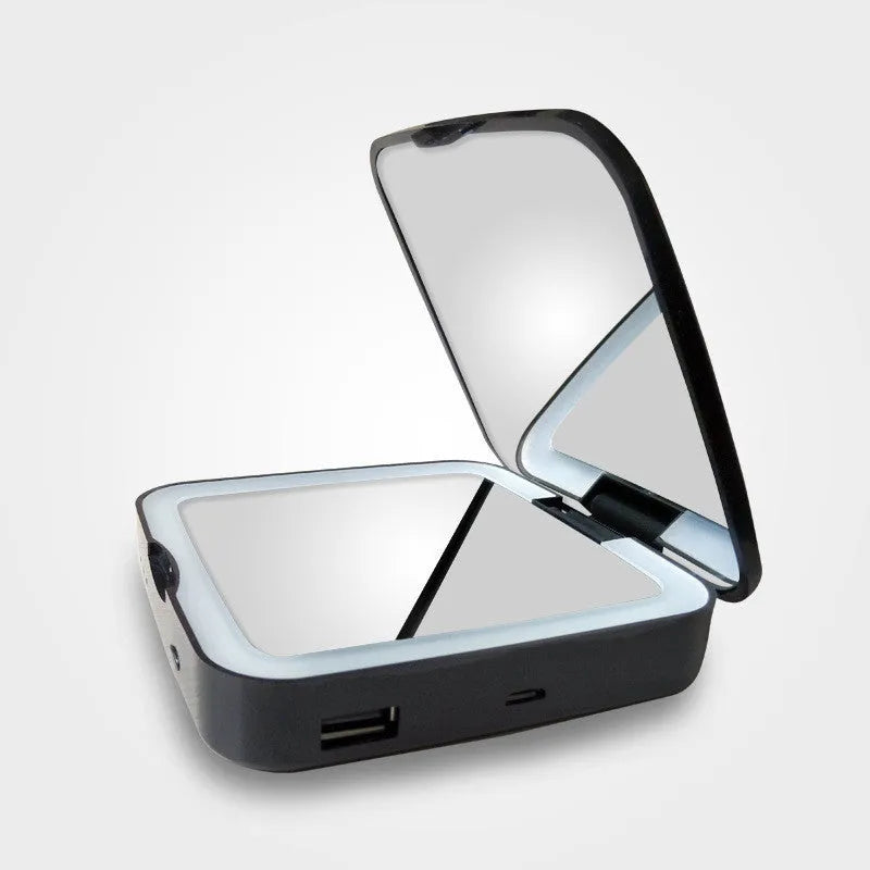 LED makeup mirror with magnification showing adjustable lighting controls and dual mirror surfaces