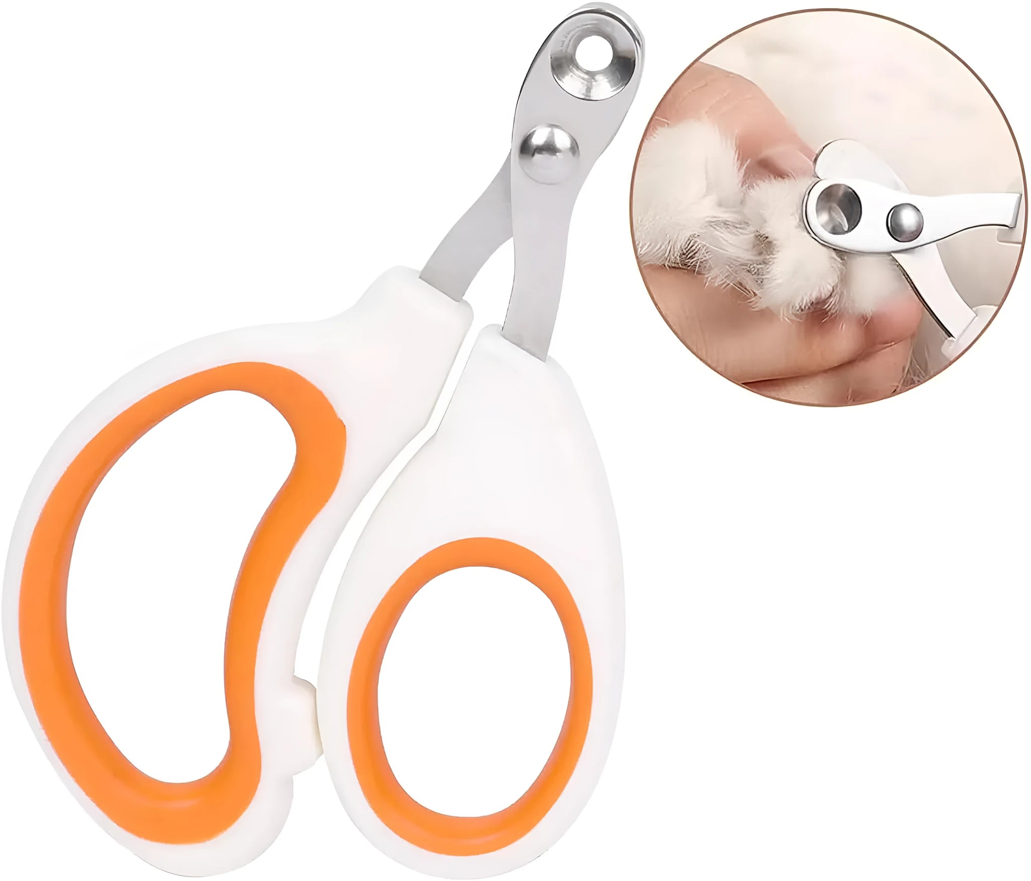 Blue pet nail clippers with circular hole design and cushioned handle on a white background.