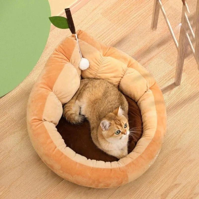 Soft cotton plush cat and dog bed in coffee colour, shown in medium size.
