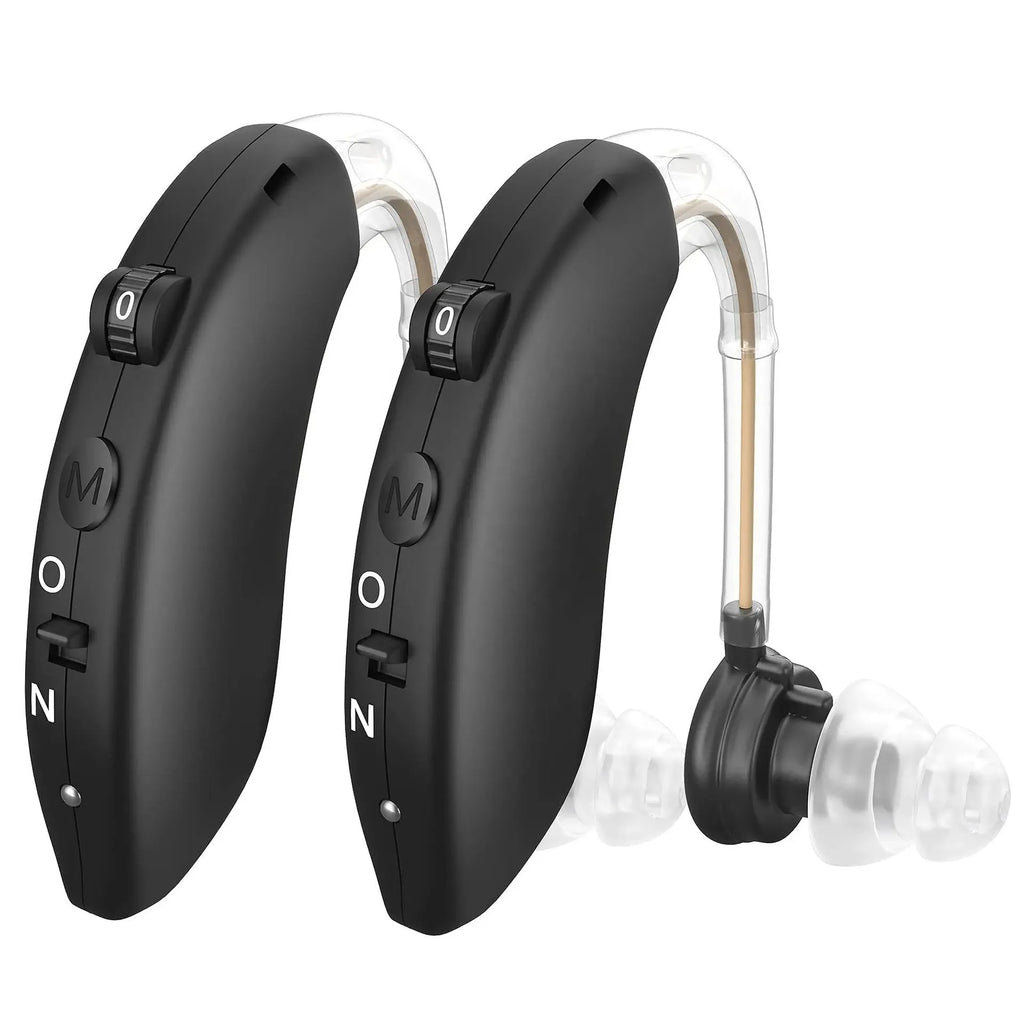 Black behind-the-ear hearing aid with noise reduction, USB rechargeable, 60W power