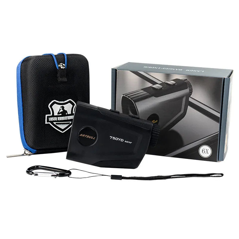 Golf laser rangefinder with LCD display showing distance measurement and slope adjustment
