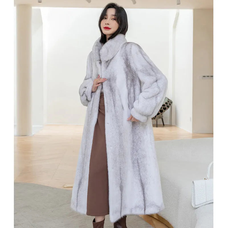 White women's faux fur coat with stand-up collar, 80 cm length, regular sleeves