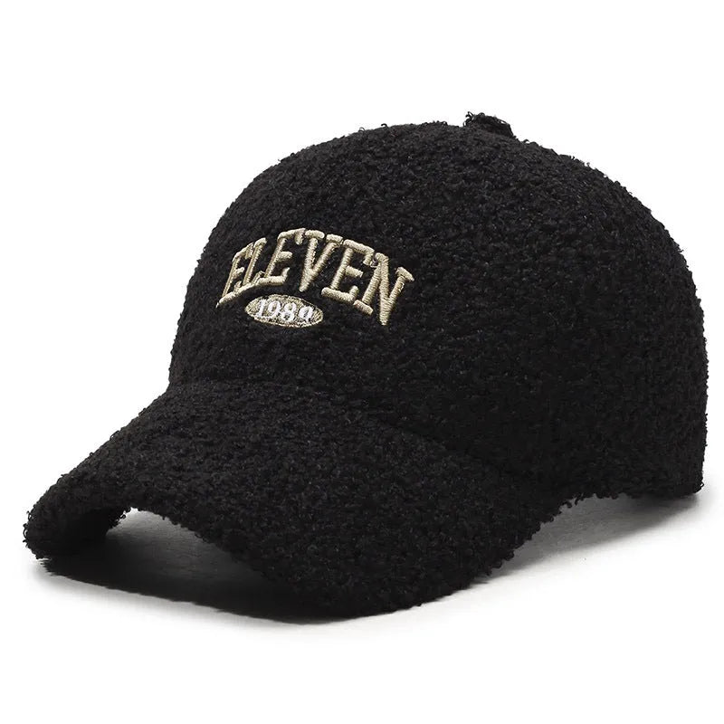 Adjustable winter baseball cap in polyester lambskin fabric showing dome crown style