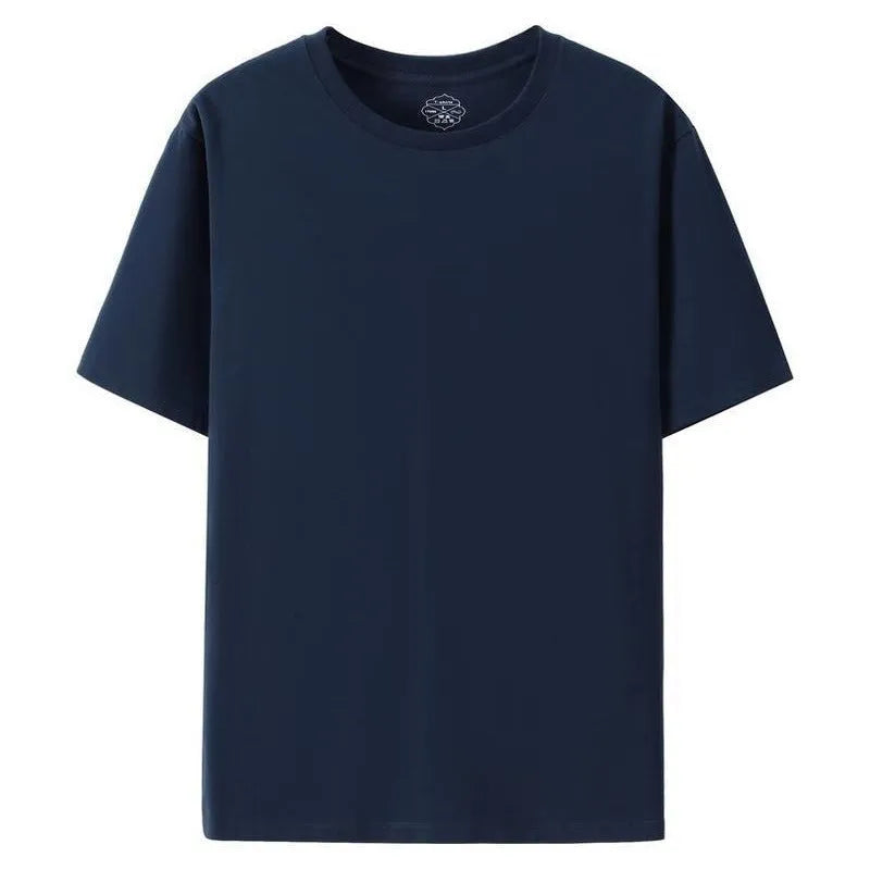 Black and white cotton T-shirt with round neck and short sleeves on hanger