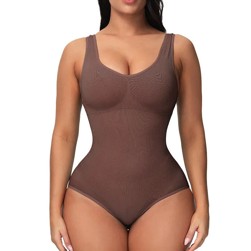 Seamless nylon bodysuit corset for women in apricot colour on size chart