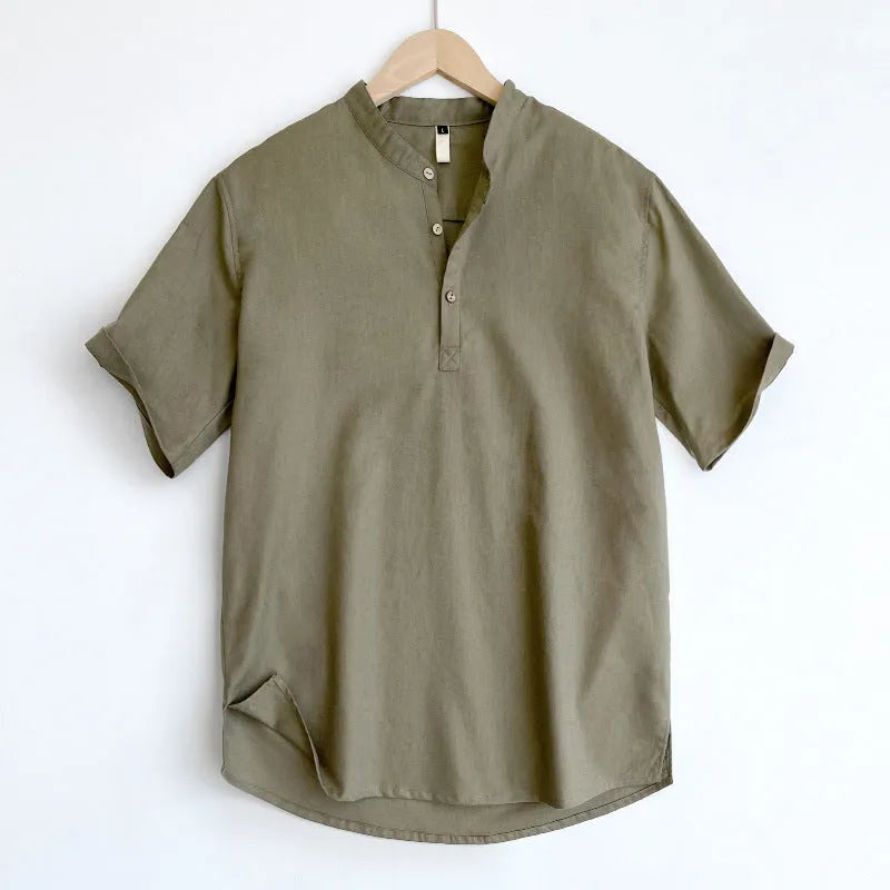 Men's solid colour short sleeve linen blend t-shirt in grey green on a hanger