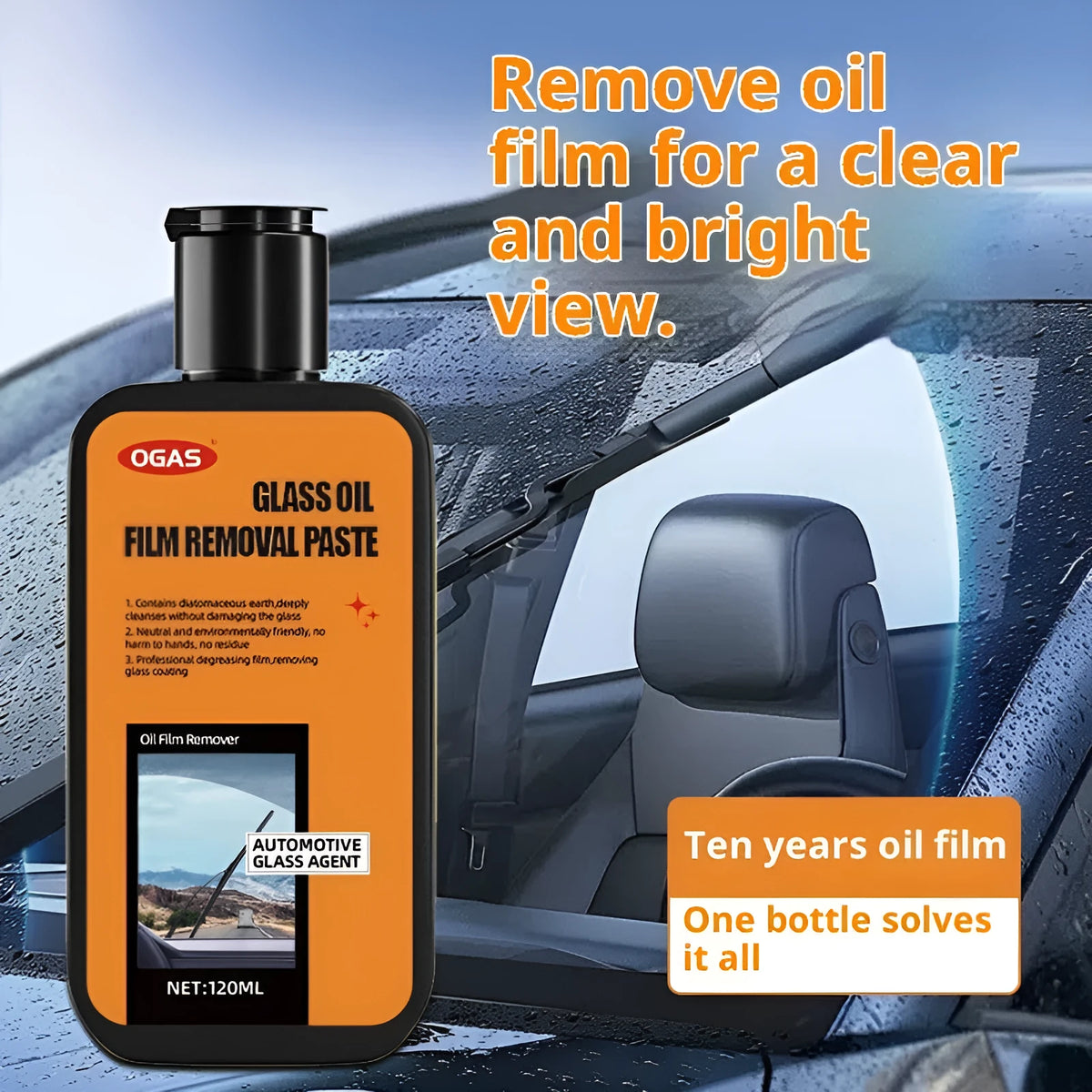 Heavy-duty car glass degreasing cleaning paste with oil film remover in 150ml bottle and cleaning brush