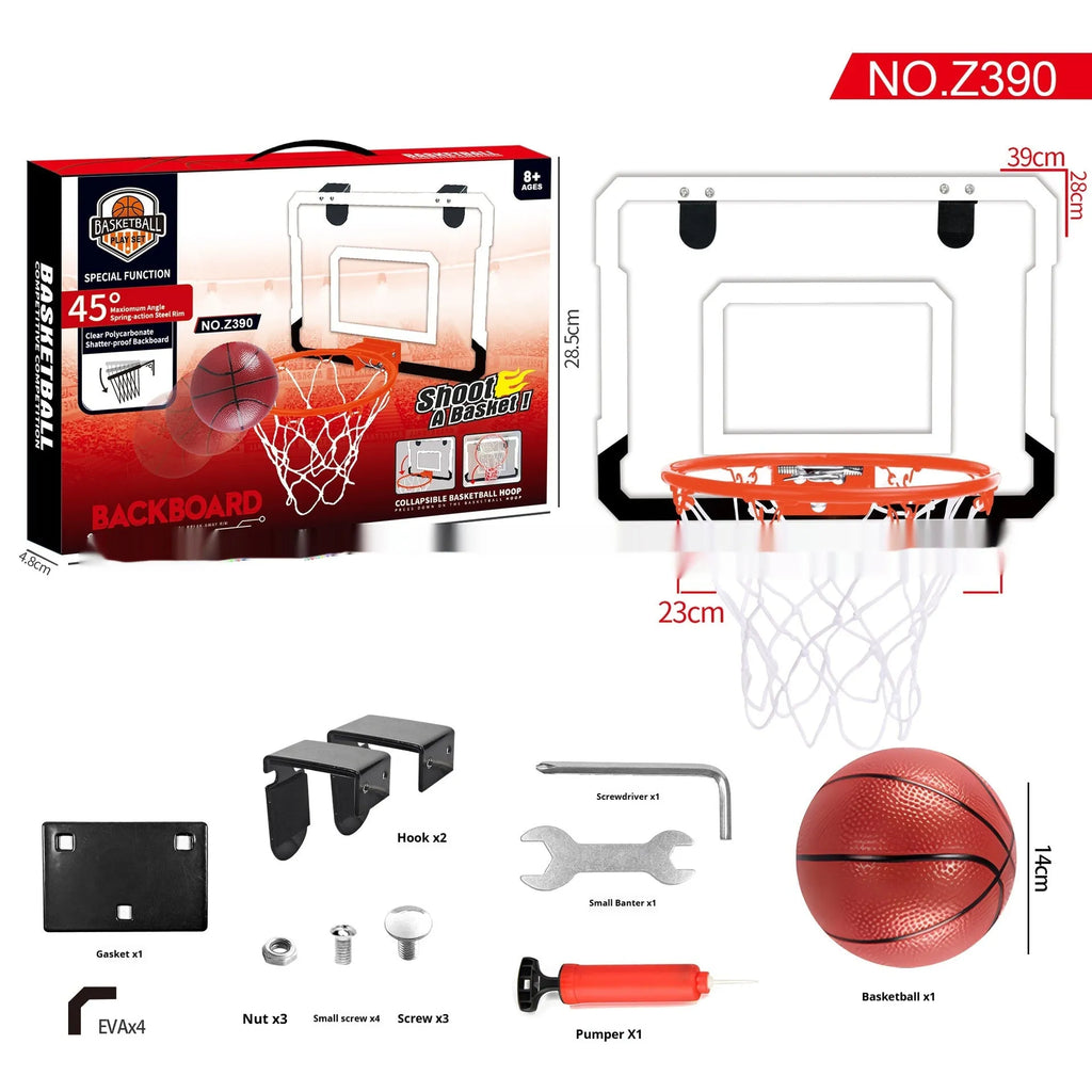 Red and blue folding basketball frame with suction cups and hook on a 400x300mm panel.