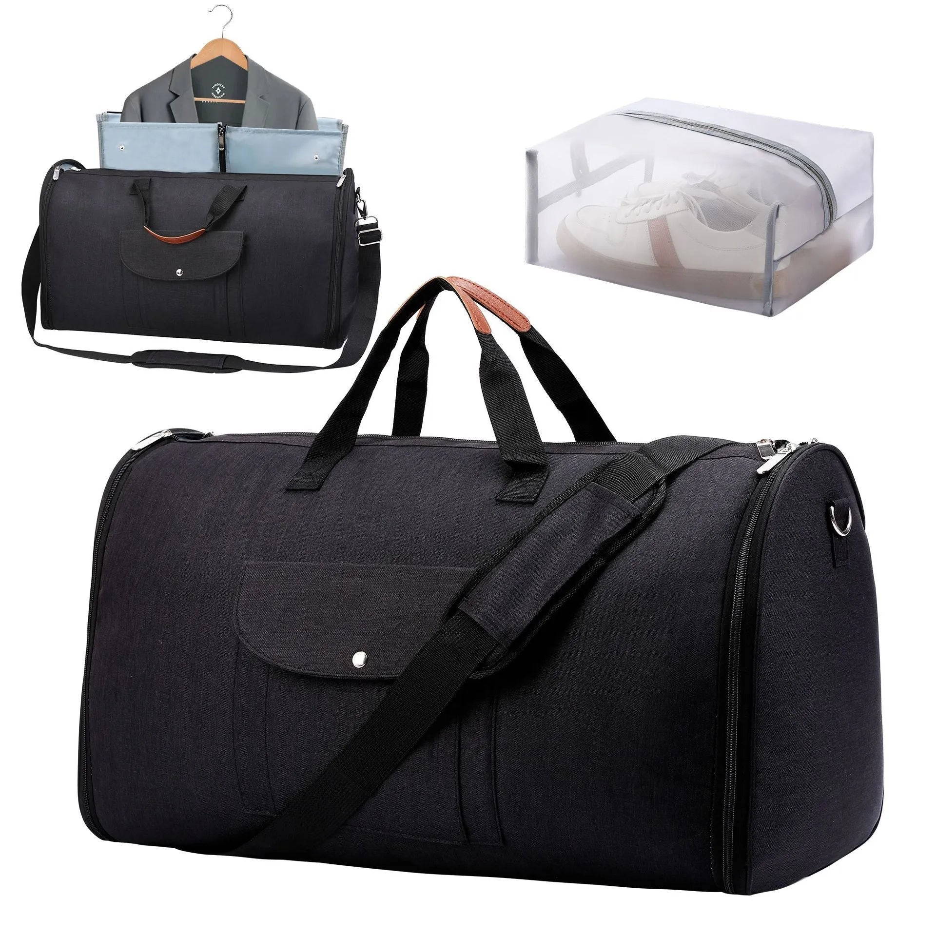 Folding dark blue Oxford cloth duffel bag with 36-55 litre capacity for travel and gym use.