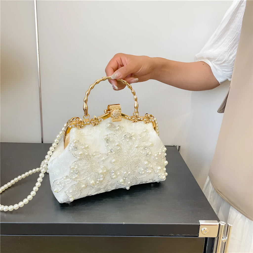 Pearl embroidered soft polyester handbag with double shoulder straps in floating light-white colour
