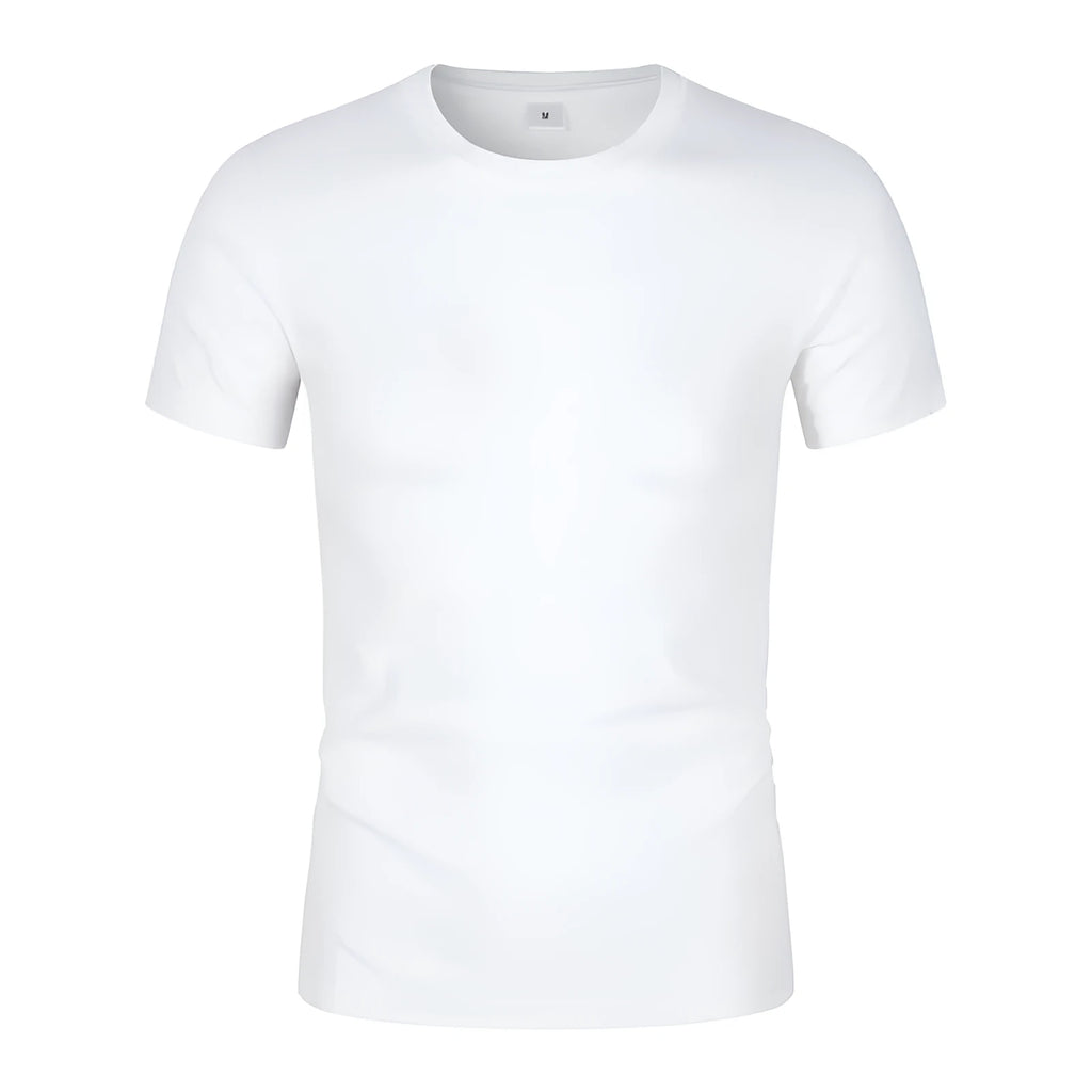 Men's solid black and white CVC cotton short-sleeved t-shirt with round neck.