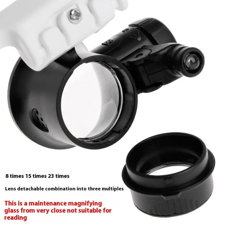 White head mounted magnifying glass with 30 lenses and light on a workbench with circuit board