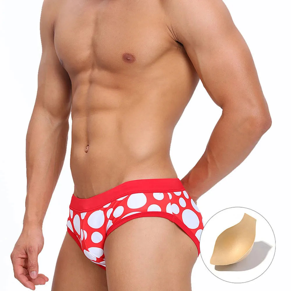 Men's triangle printed swimming trunks with cups, black ribbon cup design, polyester fabric, front view