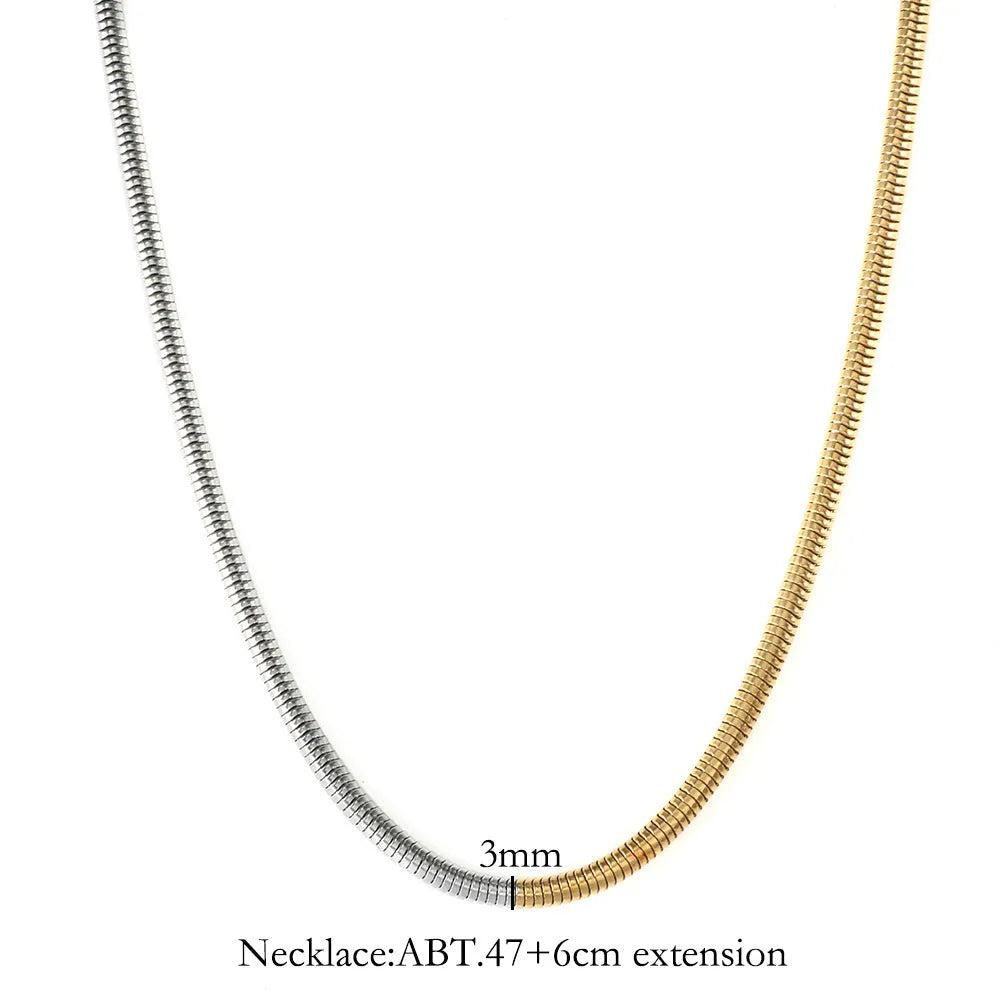 Gold-toned stainless steel snake bone chain necklace for women, 3mm wide.