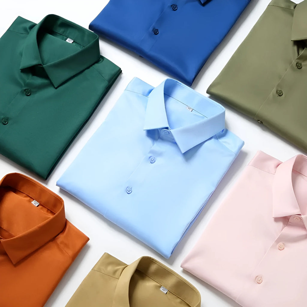 Men's elastic silk long-sleeved shirt in solid colour with non-ironing finish and breathable spandex blend fabric