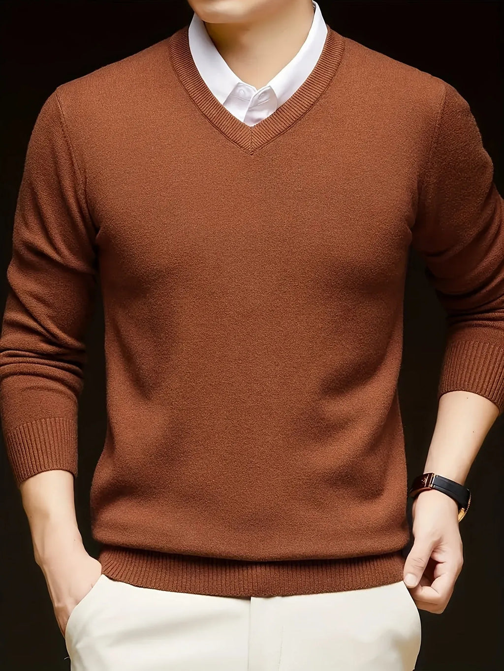Men's casual thin V-neck woolen sweater in black, loose fit, available in multiple sizes and colours