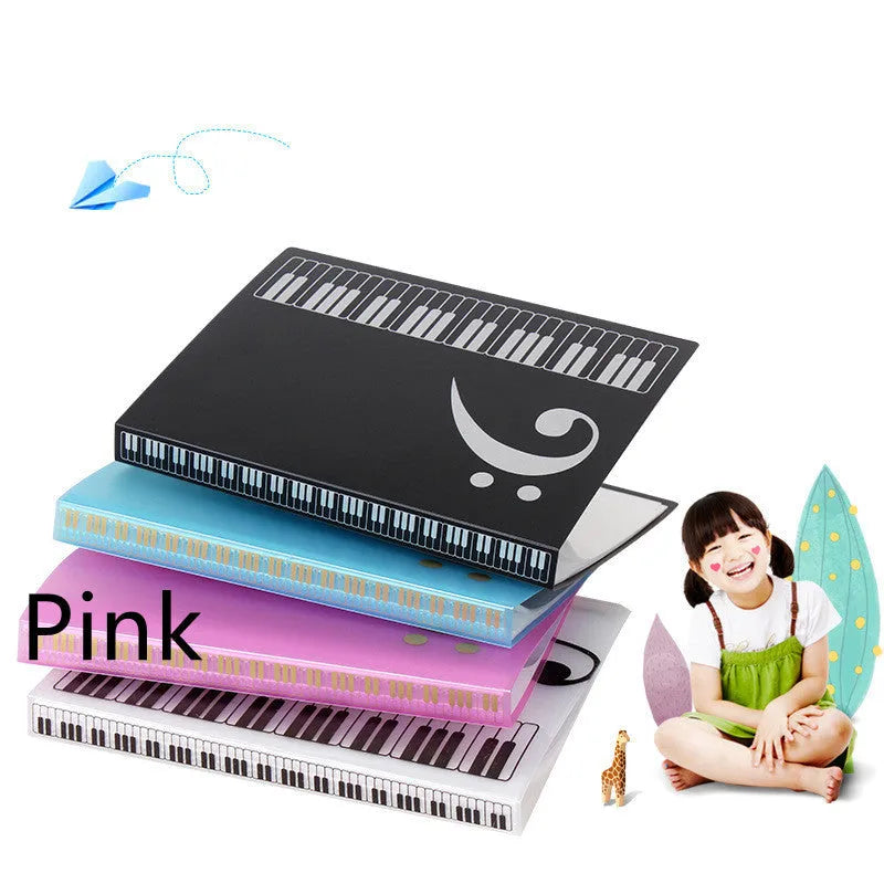 Black piano score folder with transparent plastic pages for holding sheet music.