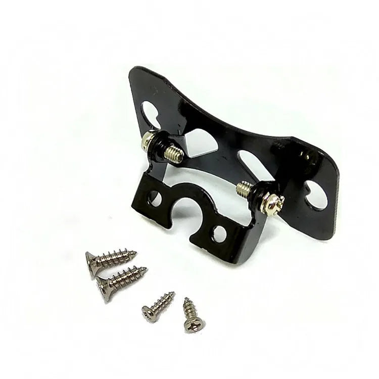 Black metal universal car camera holder bracket with adjustable angle, shown with mounting screws.