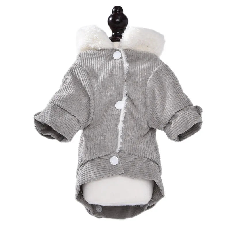 Grey lambswool dog vest with fleece lining for winter warmth, shown on a model dog.