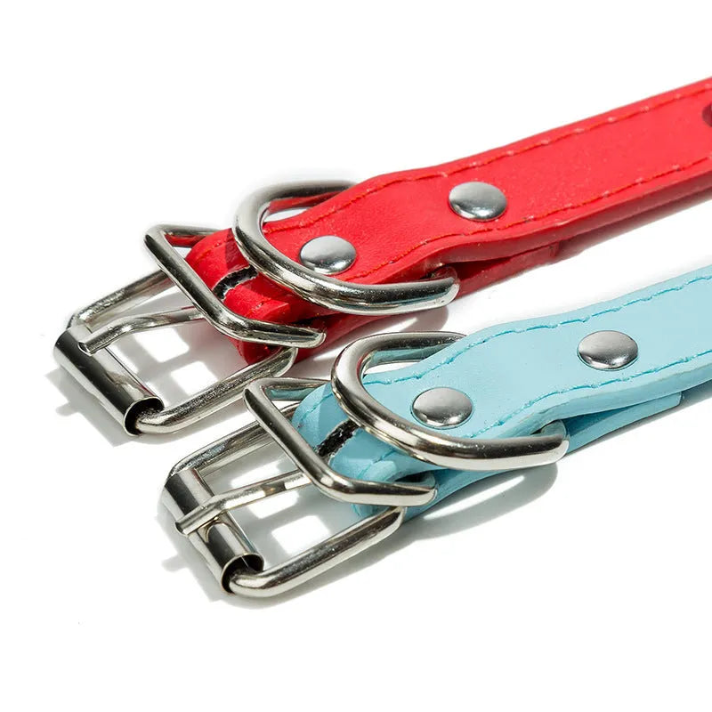 Studded dog collar in thickened PU leather with metal decoration showing alloy fastener and colour options