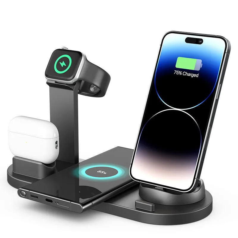 Black wireless charging stand holding a mobile phone and smartwatch upright with headphones in slot.