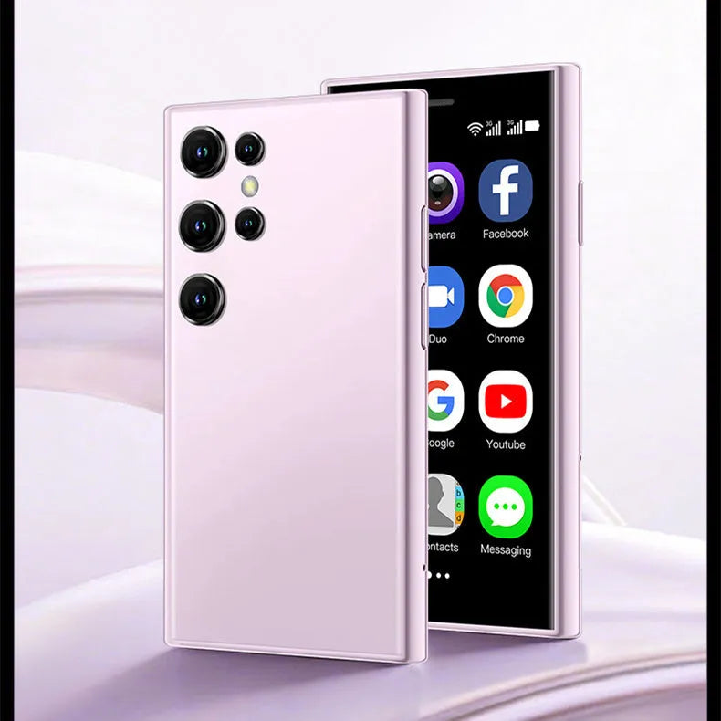 Mini Android smartphone with 3.0-inch screen in black, green or pink purple colours showing quad-core processor and 3G/WIFI connectivity