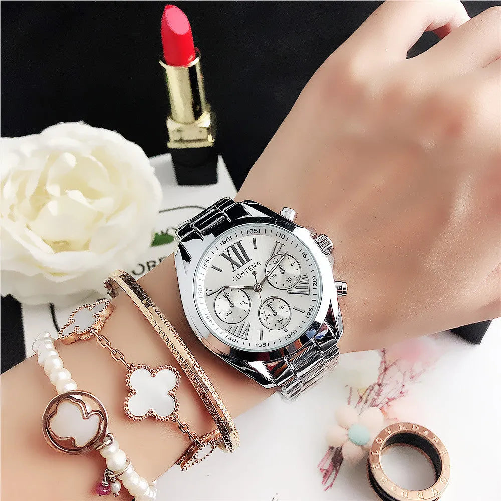 Women's silver and gold diamond quartz watch with mesh metal strap
