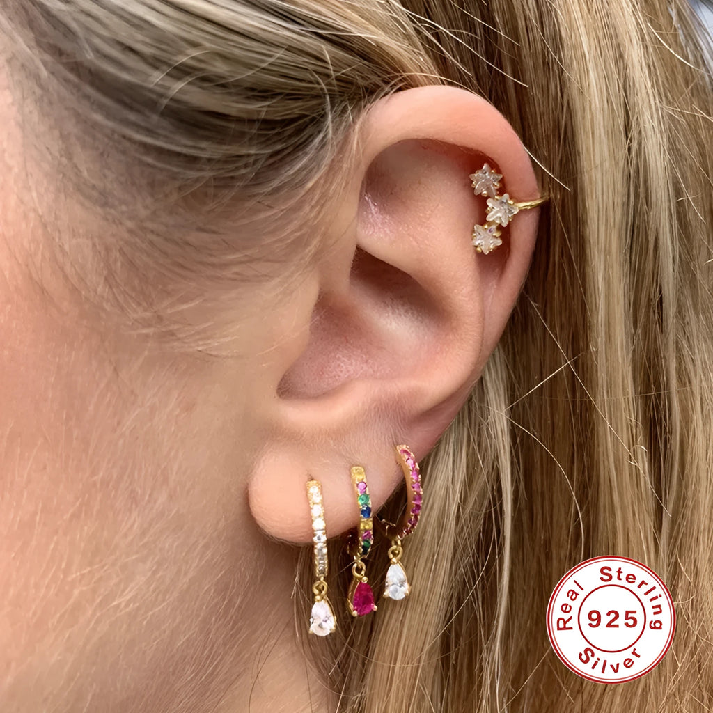 S925 sterling silver geometric water drop earrings with electroplated finish and stone accents
