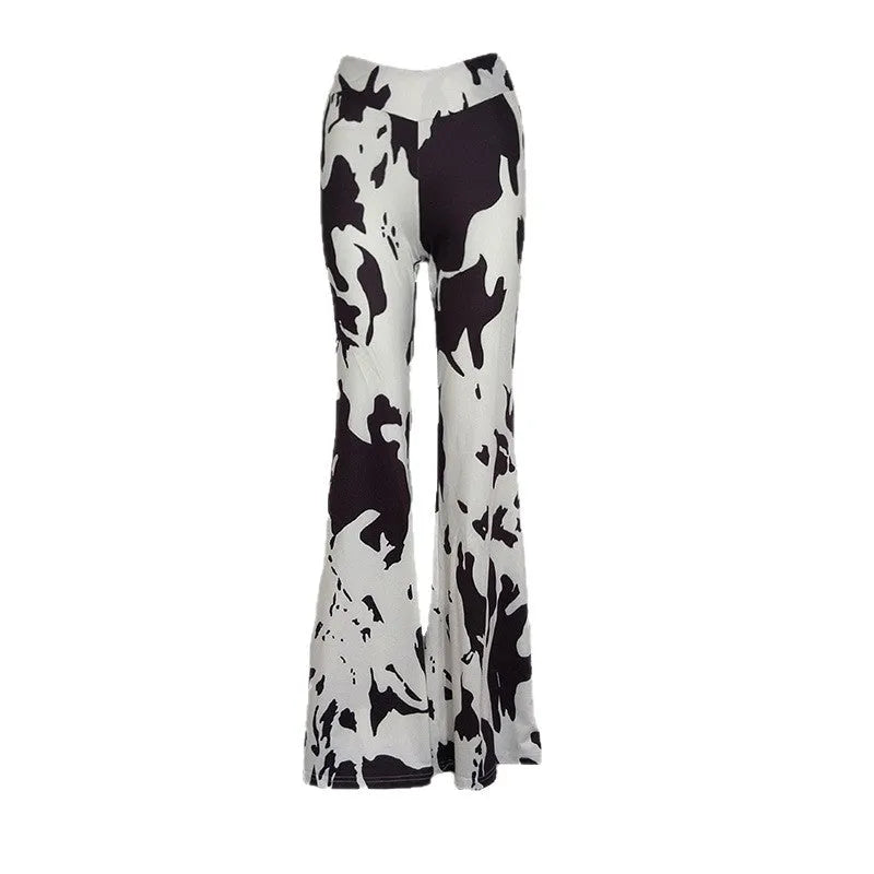 White cow print high-waisted flared pants for women full-length street fashion