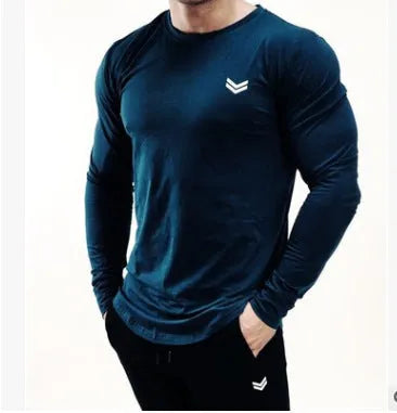 Men's loose quick-dry cotton long-sleeved sports top in plain solid colour, round neck, slim fit, size M to 2XL