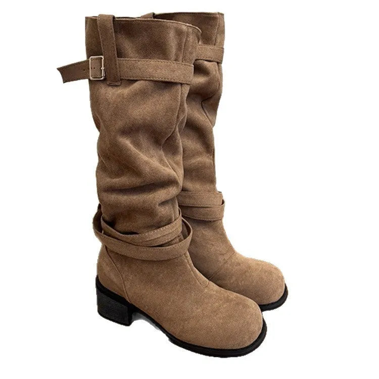Khaki suede women's pleated pile fashion boots with waterproof platform and mid heel