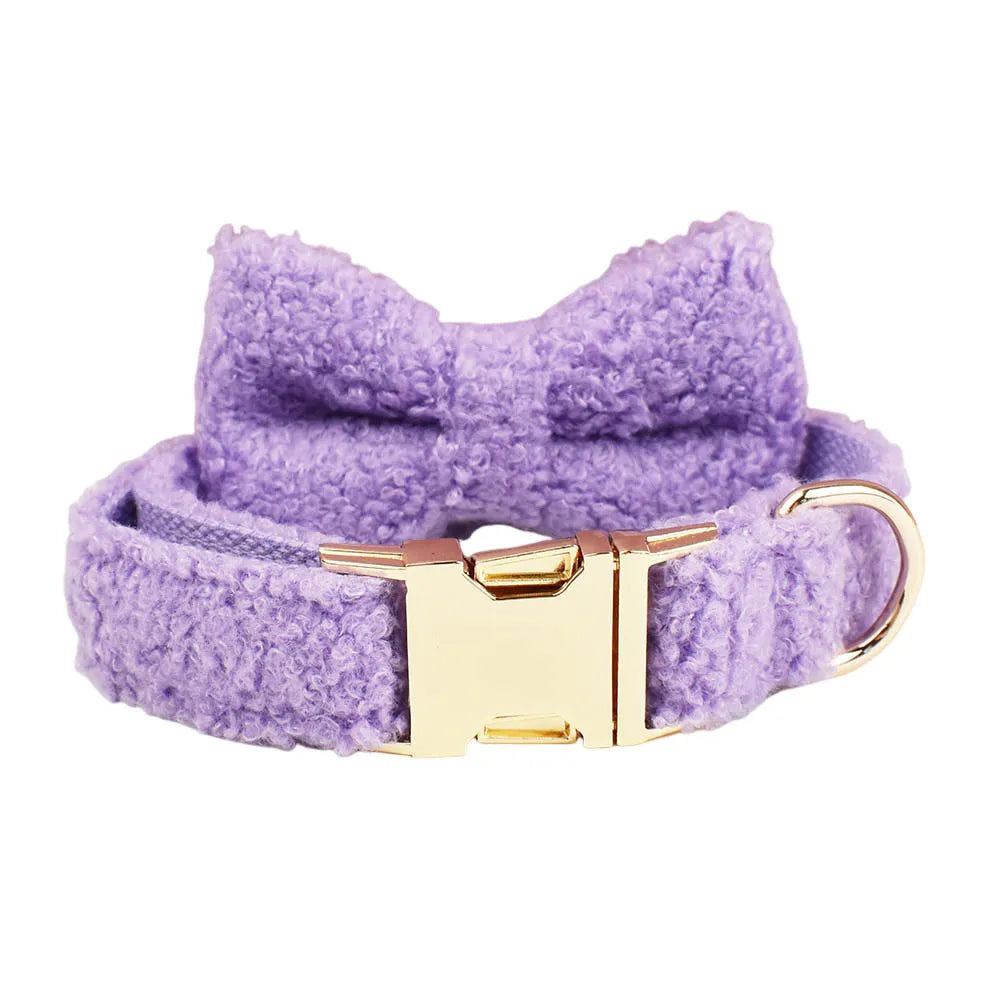 Purple cloth dog collar, leash, bow, and vest set for small dogs
