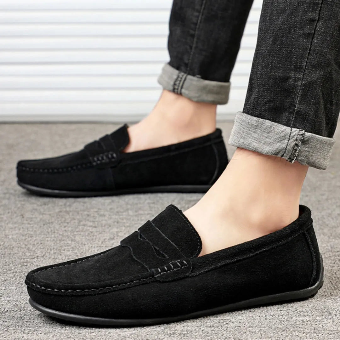 Men's suede slip-on loafers in multiple colours with round toe and rubber sole