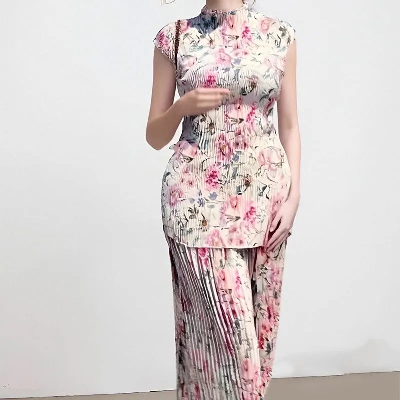 Women's long sleeve printed chiffon dress with high waist, complete two-piece set