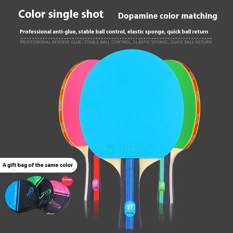 Pink, blue, and green table tennis rackets with long shakehand grips and matching protective cover bags.