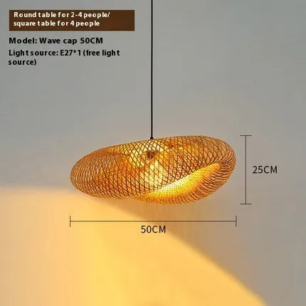 Bamboo straw hat-shaped hanging pendant lamp showing natural bamboo construction and diffused lighting design