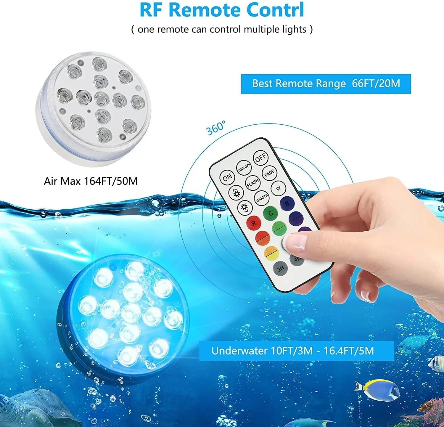 Remote control colour changing diving light with IP68 waterproof rating for indoor and outdoor use