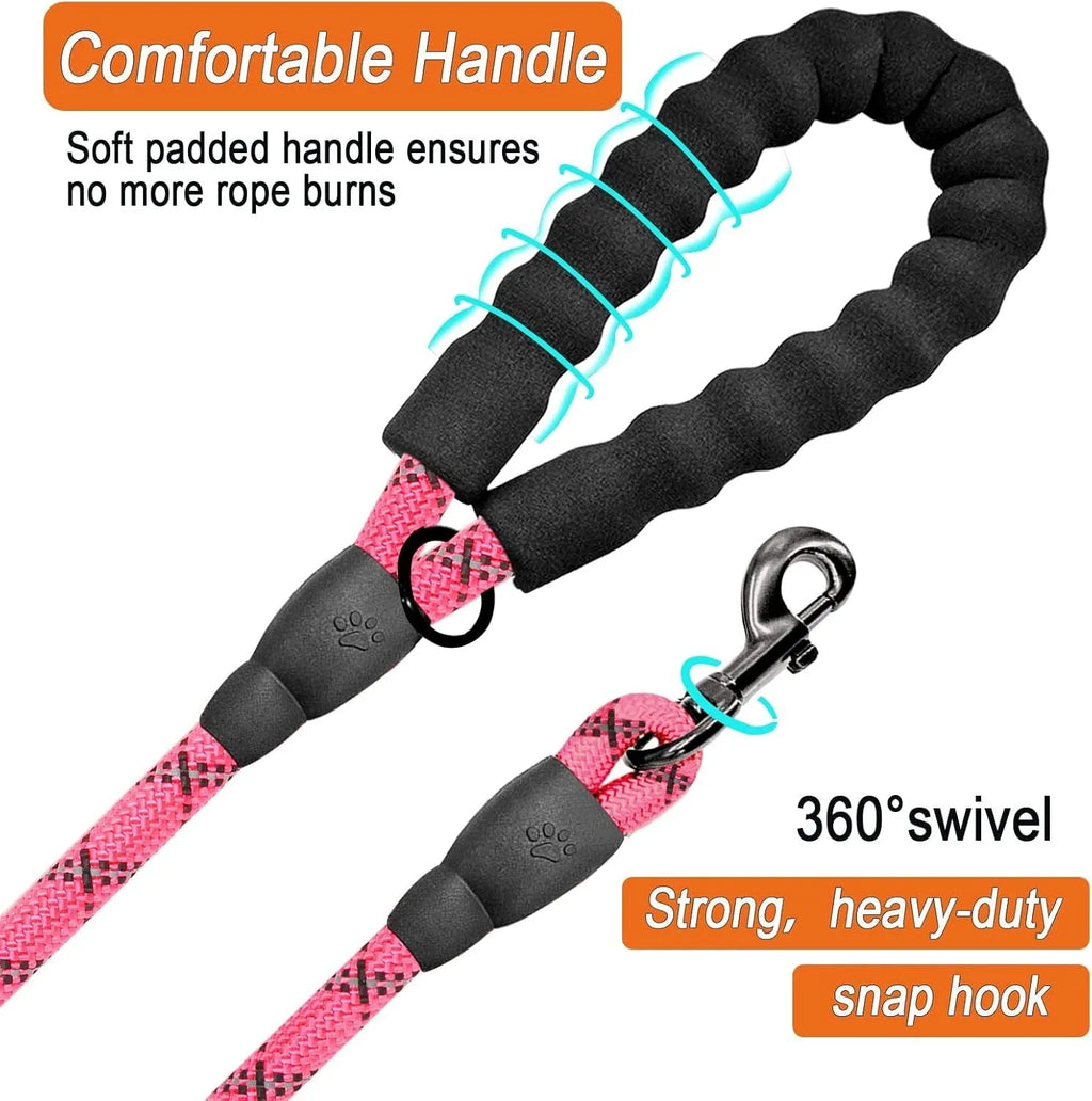 Heavy duty 5 FT nylon dog leash with padded handle and reflective threads in pink for large dogs
