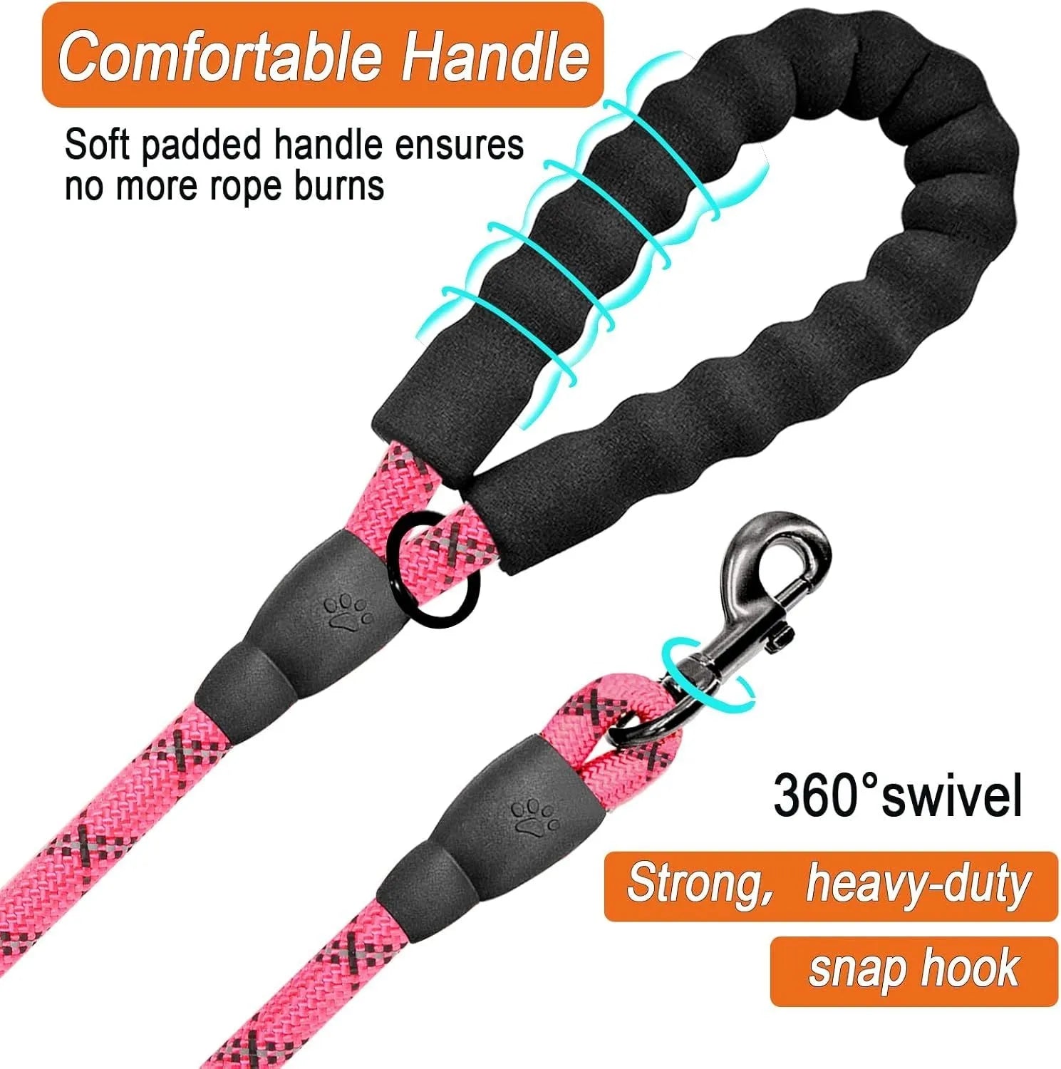 Heavy duty 5 FT nylon dog leash with padded handle and reflective threads in pink for large dogs