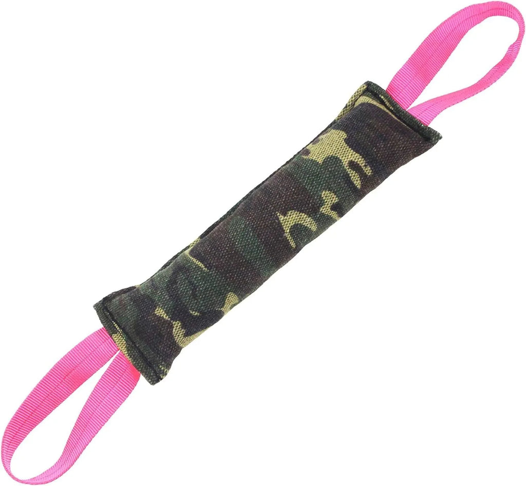 Beige jute dog tug toy with two handles measuring 30cm long for interactive training play