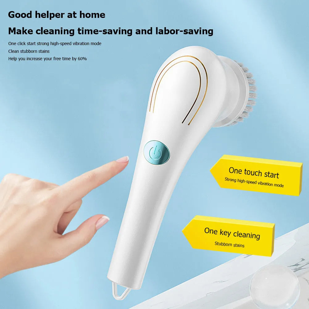 White USB electric handheld cleaning brush with five different brush heads for kitchen and bathroom surfaces.