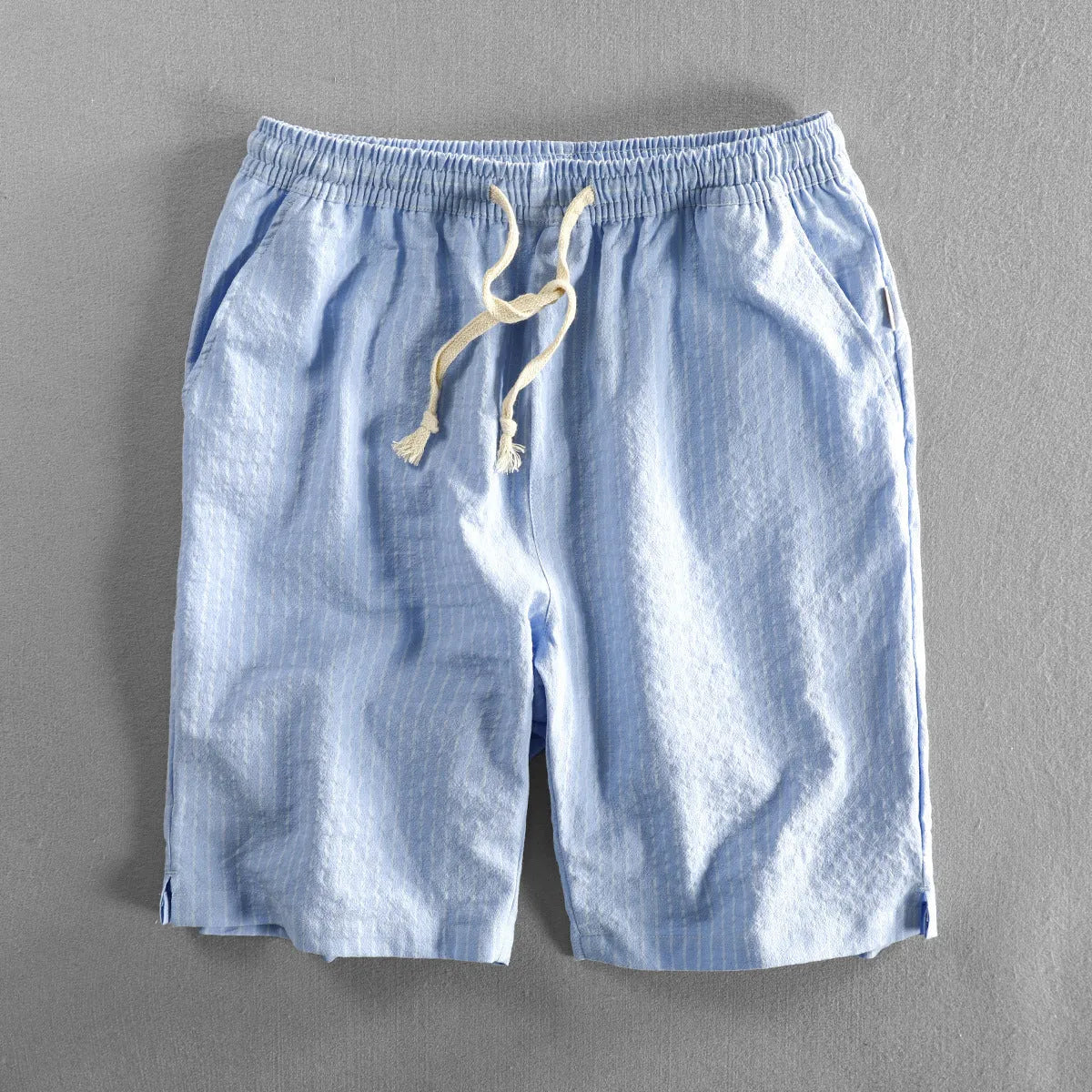 Men's striped cotton casual shorts with loose straight fit and micro elastic waist