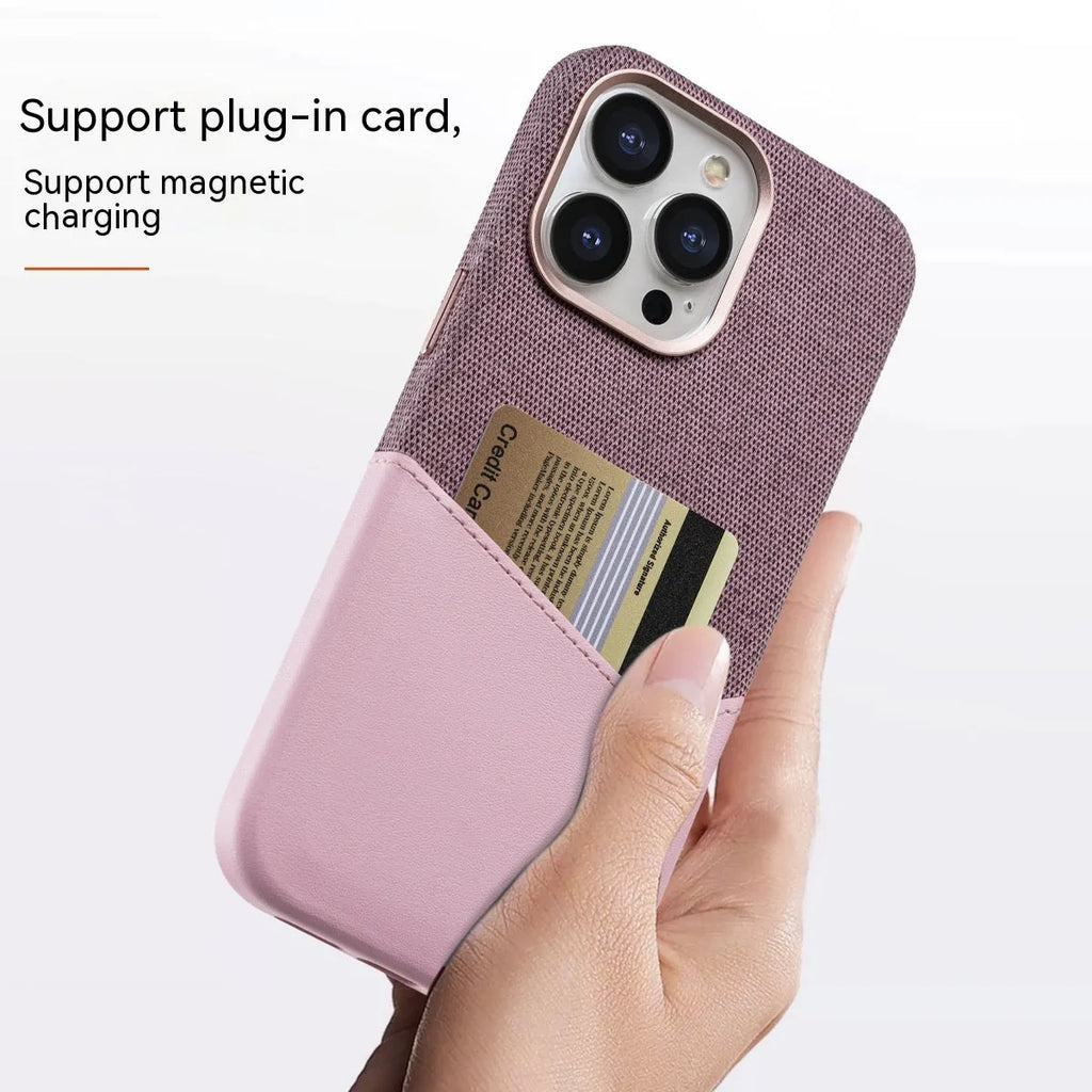 Leather magnetic card phone case in orange colour matching with card holder on back for iPhone