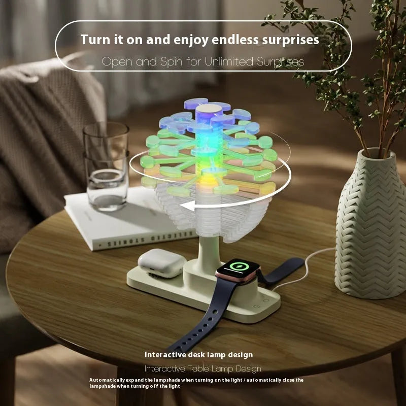 Geometric spiral tree LED table lamp with white light on desk