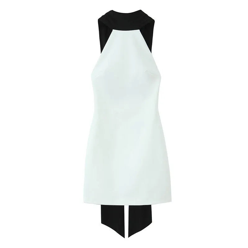 Slim-fitting patchwork short halter dress in black with high waist and asymmetric skirt, polyester fabric, long length