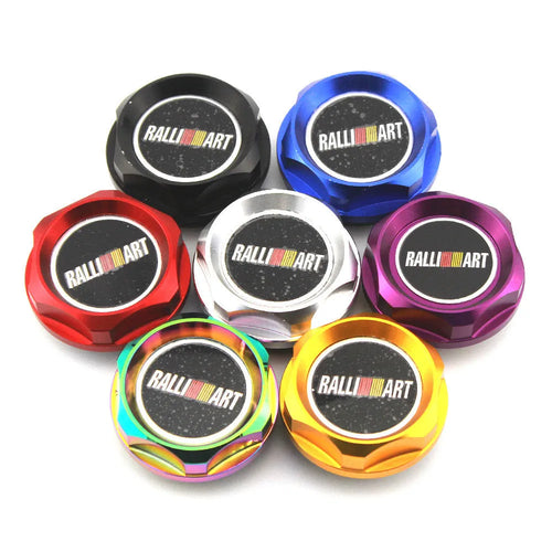 Aluminium alloy oil filter cap for Mitsubishi cars in red, blue, gold, silver, black, and purple colours.
