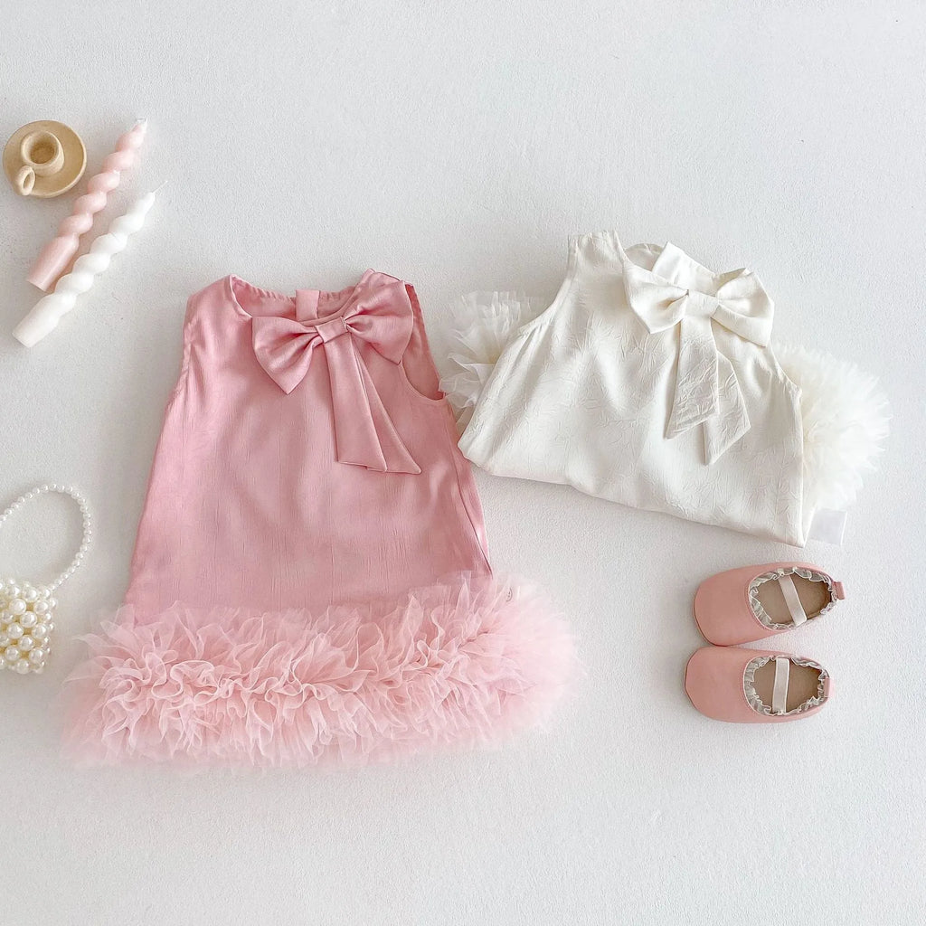 Children's Korean-style solid colour polyester dress with bow in cream rice shade for heights 73-120 cm