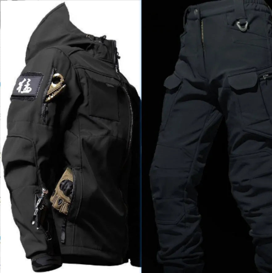 Men's fleece jacket and pants set in corduroy with hooded Korean style in army green beetle coat colour