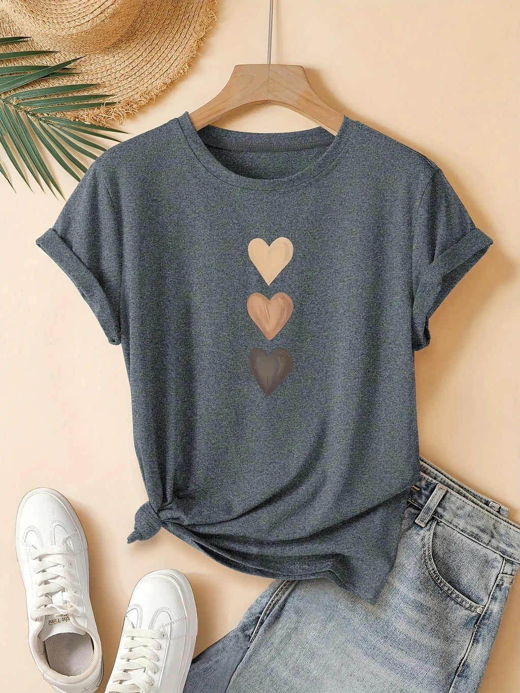 Women's pure cotton t-shirt with three heart printing design in blue colour