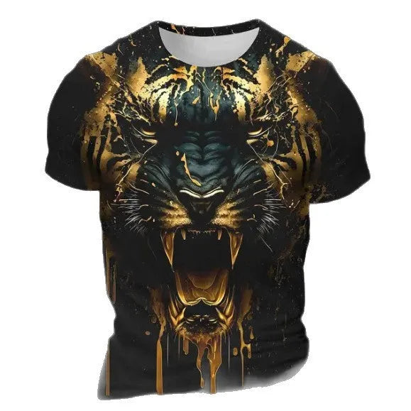 Men's grey short sleeve T-shirt with a detailed 3D tiger face digital print on the front.